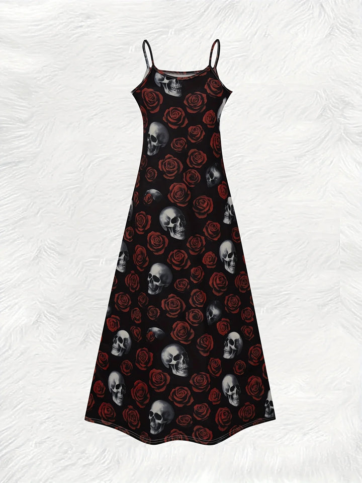 Edgy Silver Skull Red Rose Black Spaghetti Strap Maxi Dress