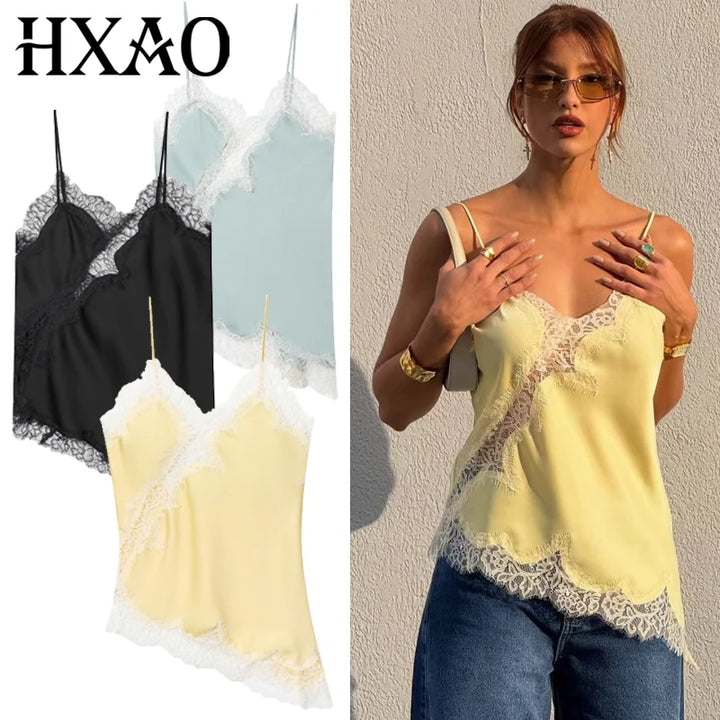 HXAO 2025 Woman Asymmetrical Slip Top Women Sexy Black Yellow Blue Top Lace Tanks &amp; Camis Chic Y2K Sleeveless Backless Camisole