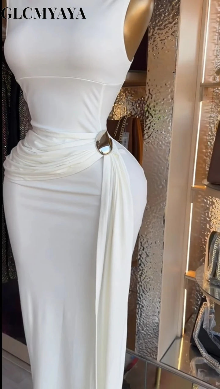 Women Sleeveless O Neck Ruched Bodycon Maxi Dress