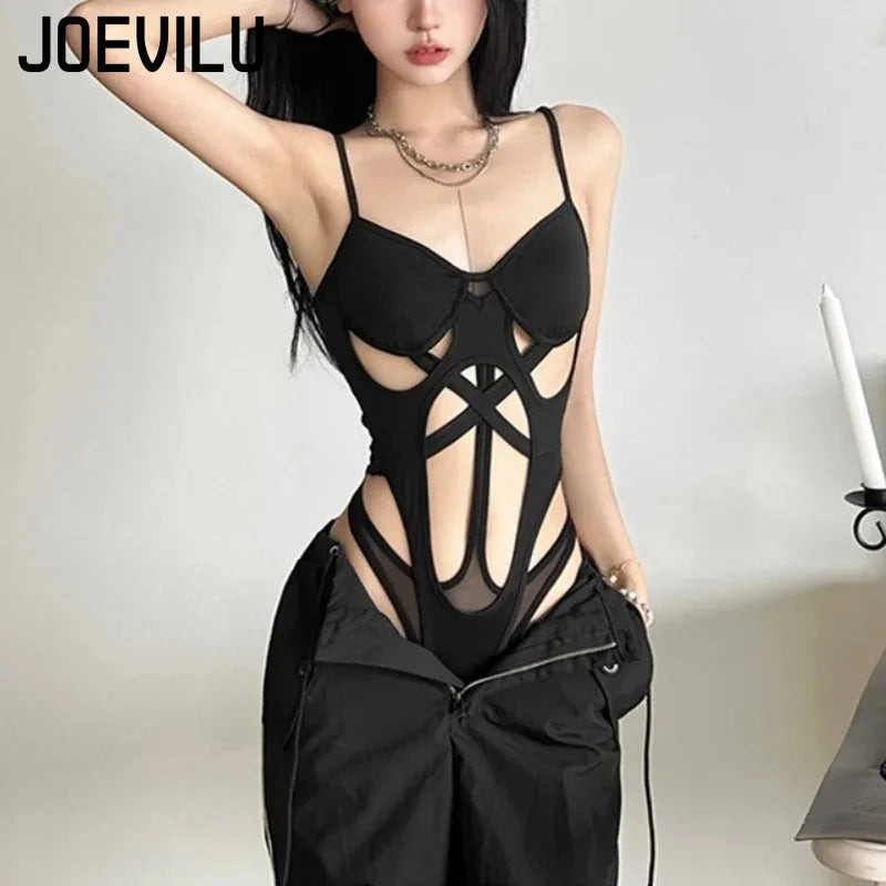 Y2K Black Bodysuit Women Hollow Out Sleeveless