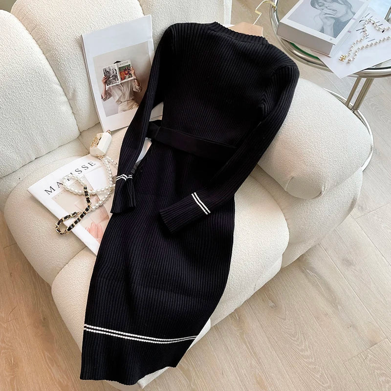 YuooMuoo Women Knitted Belted Dress Bodycon Office