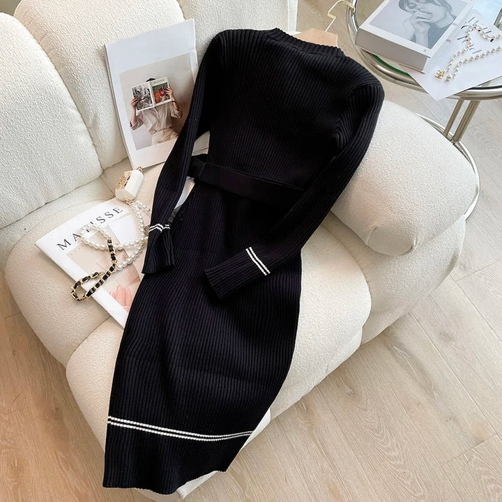 YuooMuoo Women Knitted Belted Dress Bodycon Office