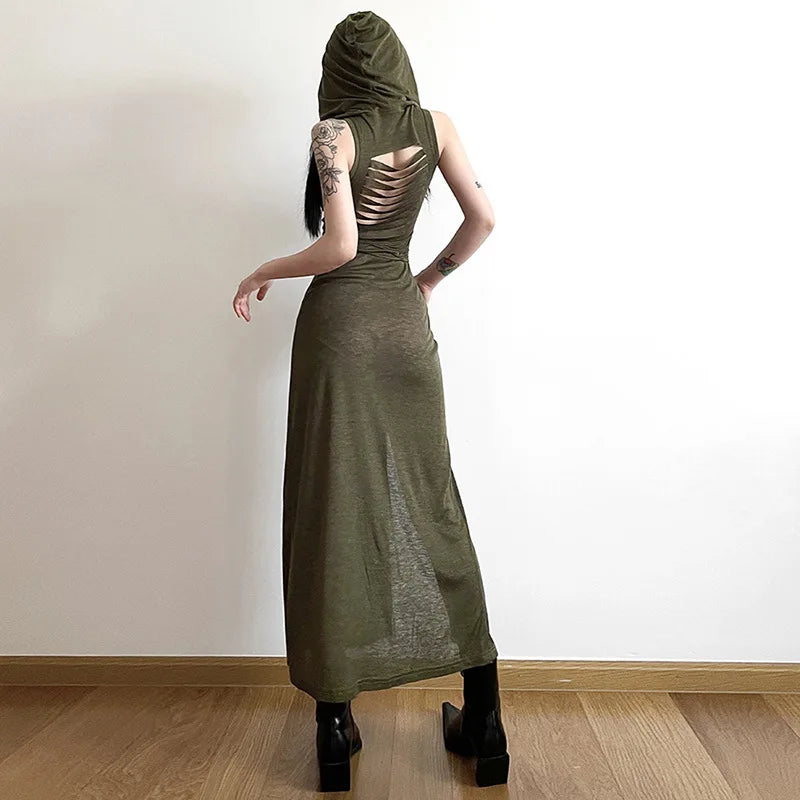 Sexy Sleeveless Hooded Long Split Dress For Summer