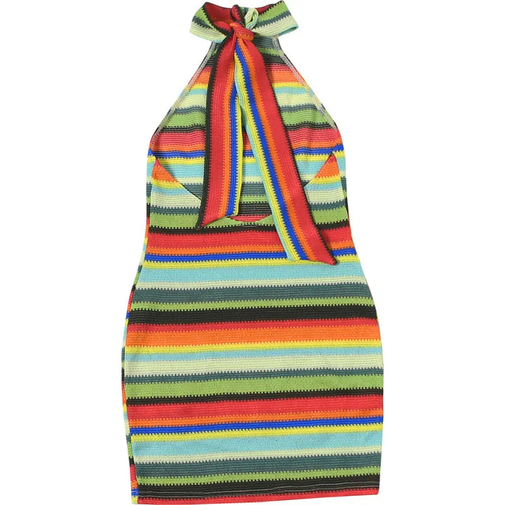 Luxurious Knit Stretch Stripe Halter Dress