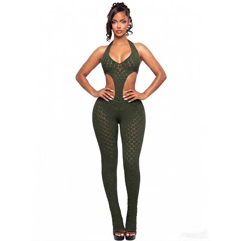 Fagadoer Lace Patchwork Bodycon Backless Jumpsuit