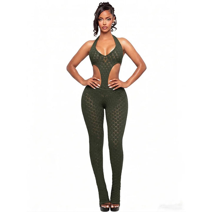 Fagadoer Lace Patchwork Bodycon Backless Jumpsuit