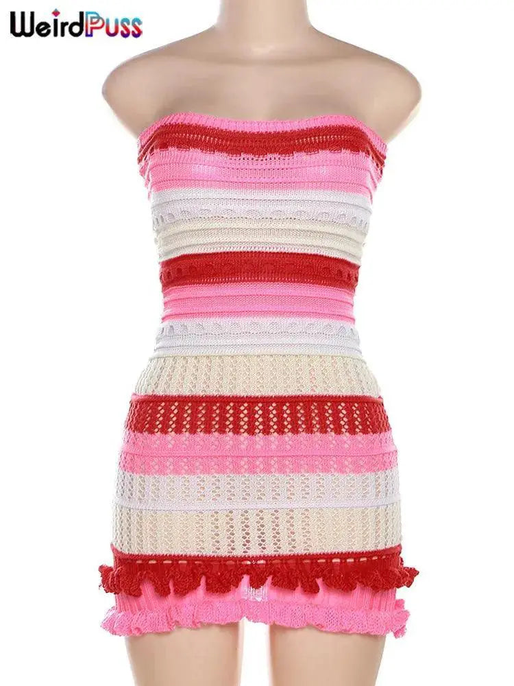 Elegant Striped Ruffles Chic Summer Clubwear Dress