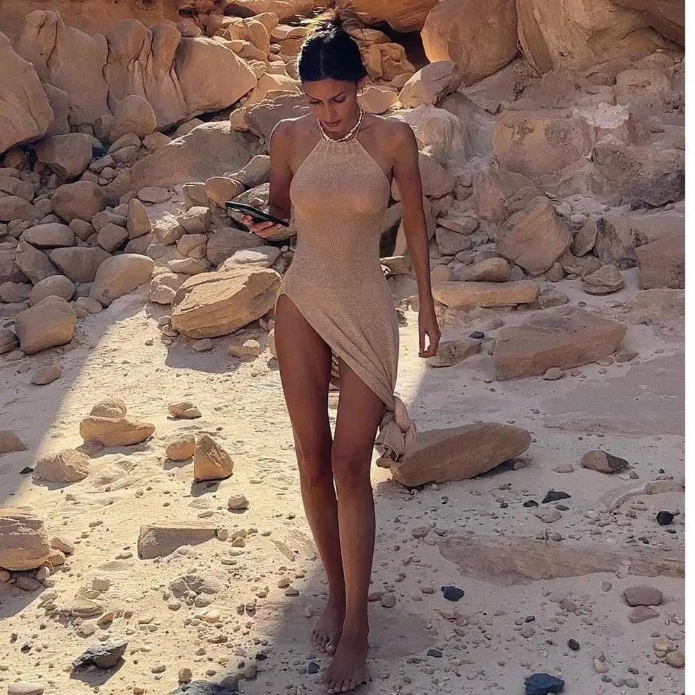 Knitted Beach Cover Up Sexy Maxi Bodycon Slit Dress