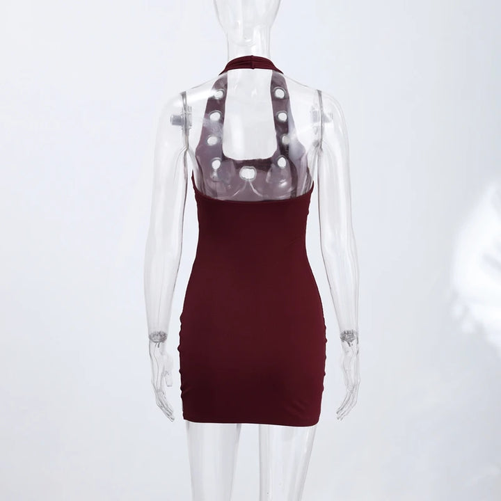 Chin Sweety Metal Ring Halter Mini Dress