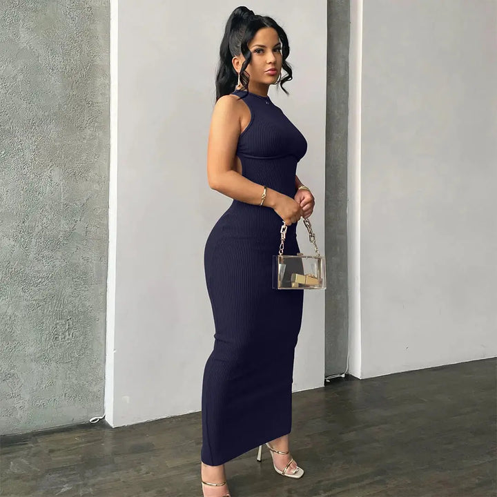 Hugcitar Ribbed Solid Hollow Out Backless Sleeveless Sexy Slit Mini Dress Bodycon 2025 Spring Women Outfits Elegant Party Y2K