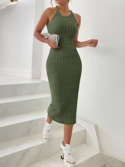 Solid Halter Neck Bodycon Midi Dress High-end temperament vest halter dress women&
