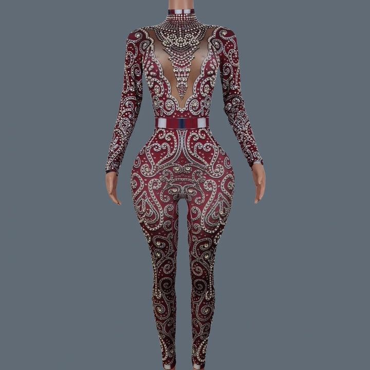 Women Sparkly Rhinestone Pearls Spandex Jumpsuit Nightclub Party Stage Performance Bodycon Wear Sexy Printing Jumpsuit Quanquan