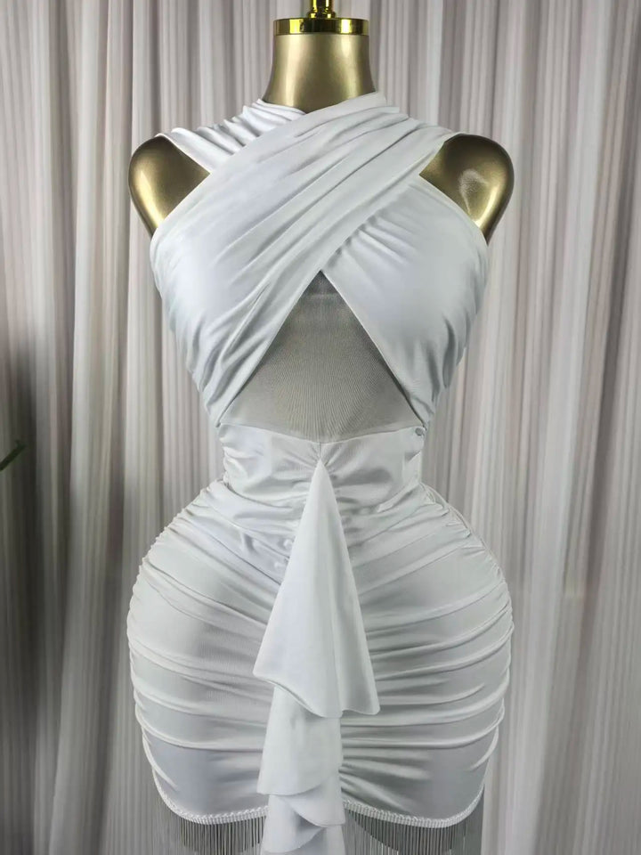 Women Wrap Halter Neck Ruched Maxi Tassel