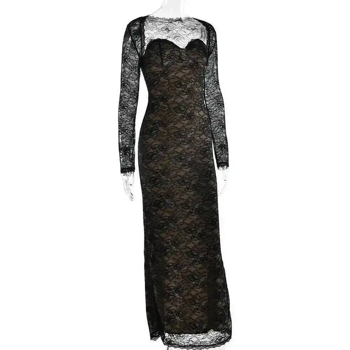 Elegant Strapless Lace Slim Bodycon Maxi Dress For