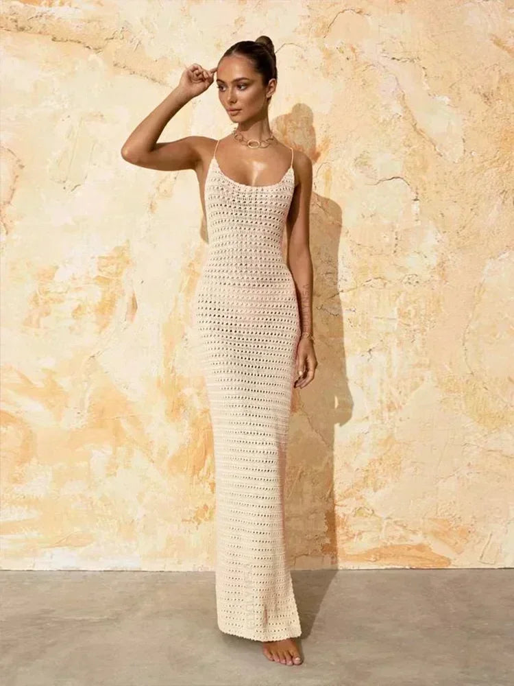 Sexy Knit Cutout Tassel Spaghetti Strap Maxi Dress