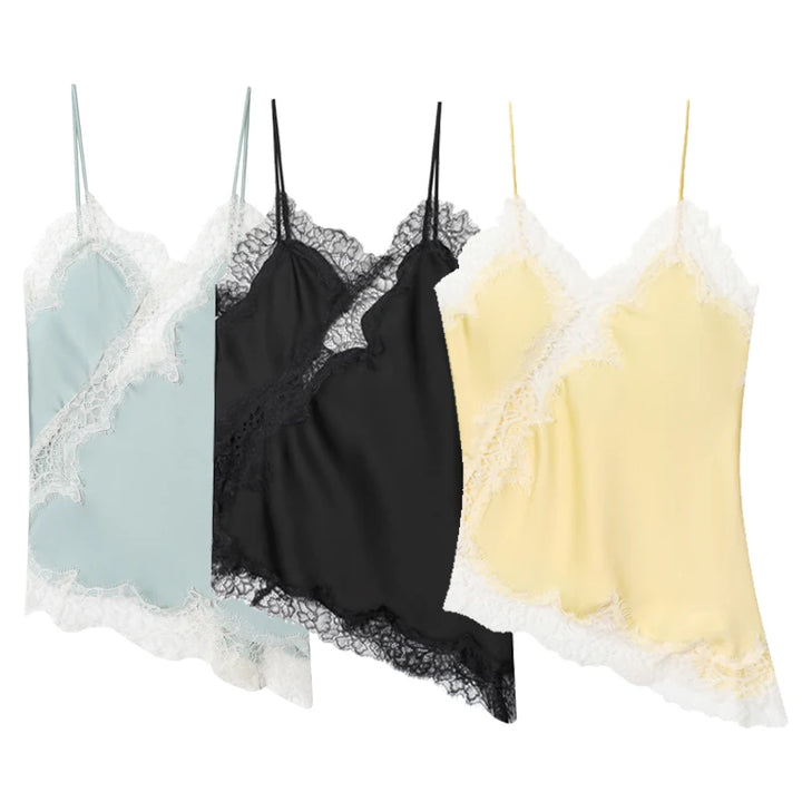 HXAO 2025 Woman Asymmetrical Slip Top Women Sexy Black Yellow Blue Top Lace Tanks &amp; Camis Chic Y2K Sleeveless Backless Camisole