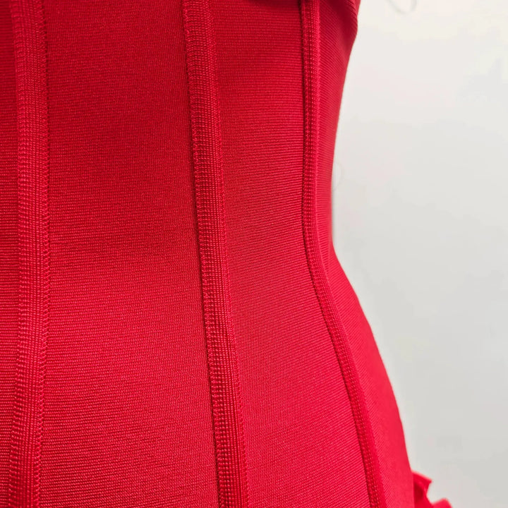 VC Christmas Dress Strapless Backless Red Structured Floral Embellished Mini Length Bodycon Celebrity Party Cocktail Dress