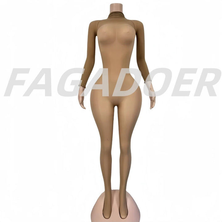FAGADOER See Through Mesh Bodycon Jumpsuit Women