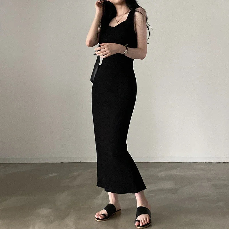 Myufon Square Collar Sleeveless Knit Long Dress