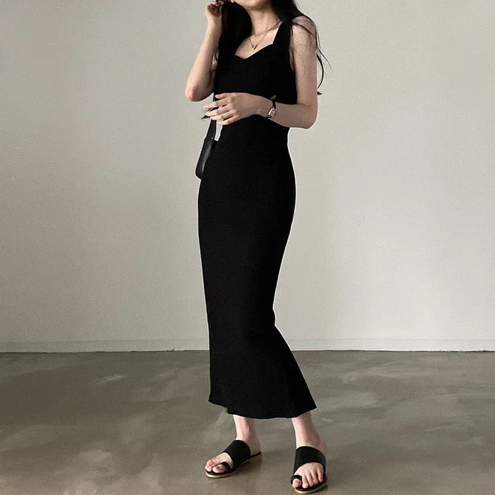 Myufon Square Collar Sleeveless Knit Long Dress