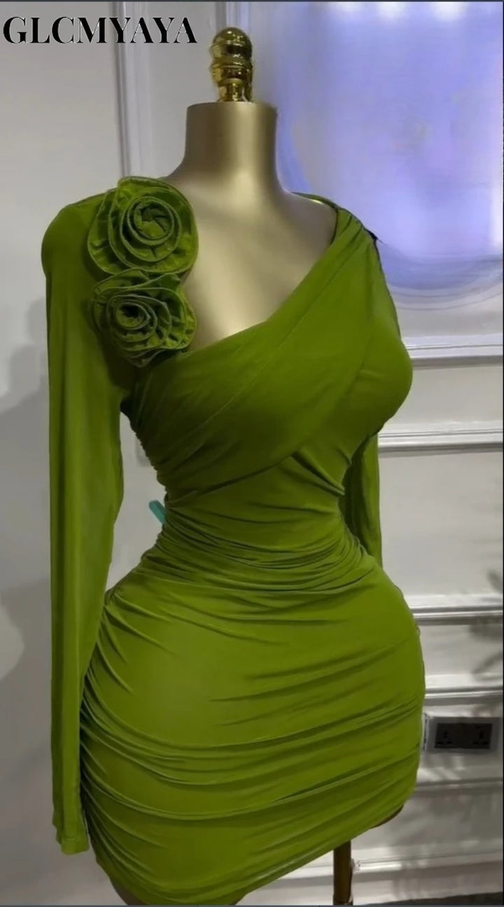 Glcmaya Floral Applique Ruched Long Sleeve Dress