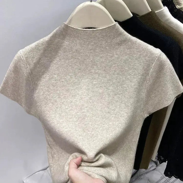 Basic Turtleneck Solid Thin Summer 2026 Pullover Women Female Knitted Sweater Slim Short Sleeve Bodycon Sweater