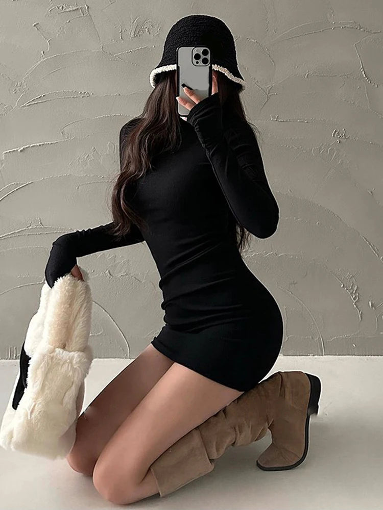 Luxe Black Velvet Pleated Turtleneck Mini Dress