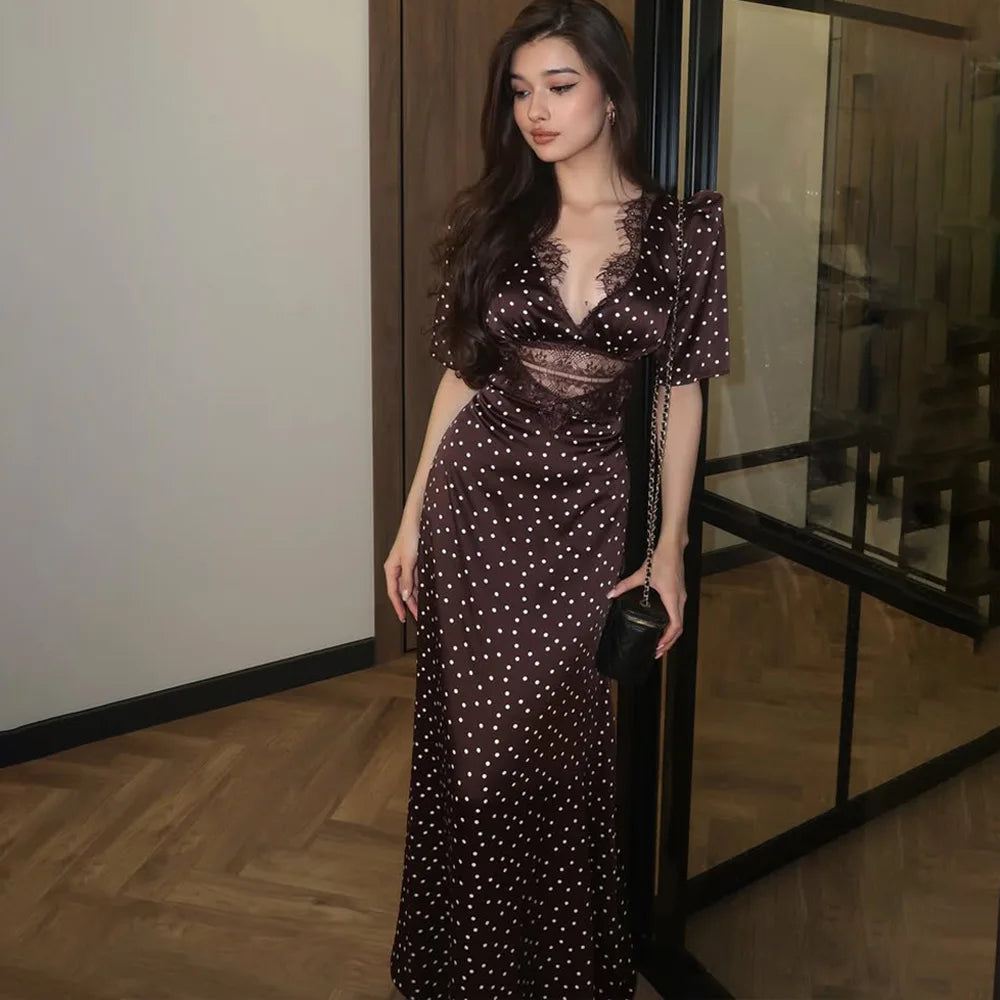 Elegant Brown Polka Dot Maxi Dress For Summer Party