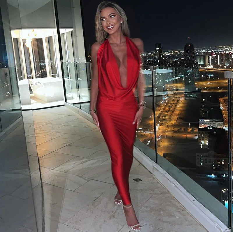 Elegant Backless Halter Midi Dress Premium Knit