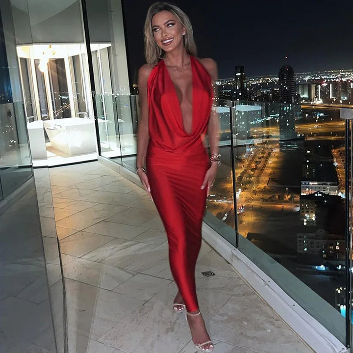 Elegant Backless Halter Midi Dress Premium Knit