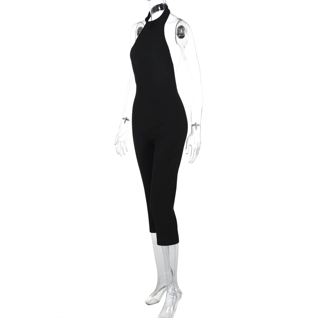 Elegant Ribbed Knit Halter Neck Bodycon Jumpsuit