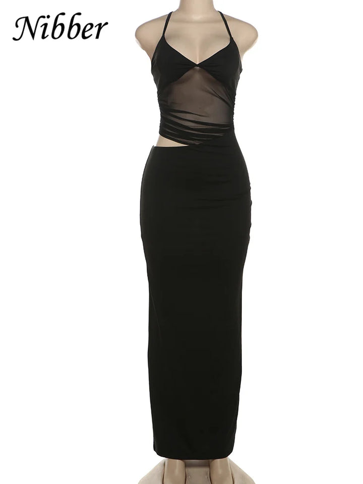 Sexy Mesh Patchwork Maxi Dress Women Backless Bodycon