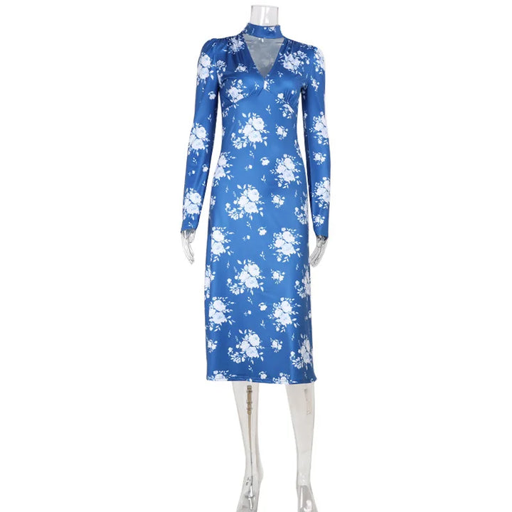 Printed Bodycon Dress For Women V Neck Slim Fit