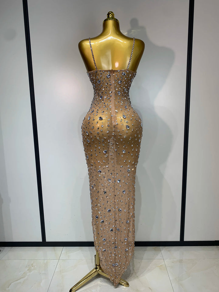 Rhinestone Mesh Bodycon Dress For Women Red Carpet