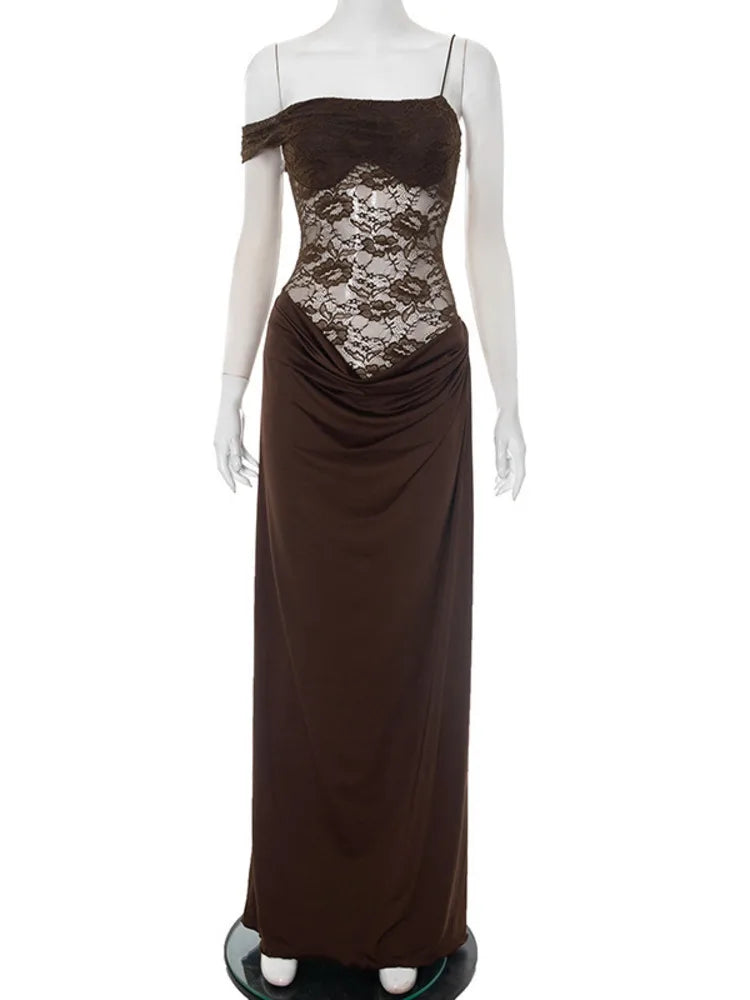 Elegant One Shoulder Lace See Through Sexy Maxi Dress