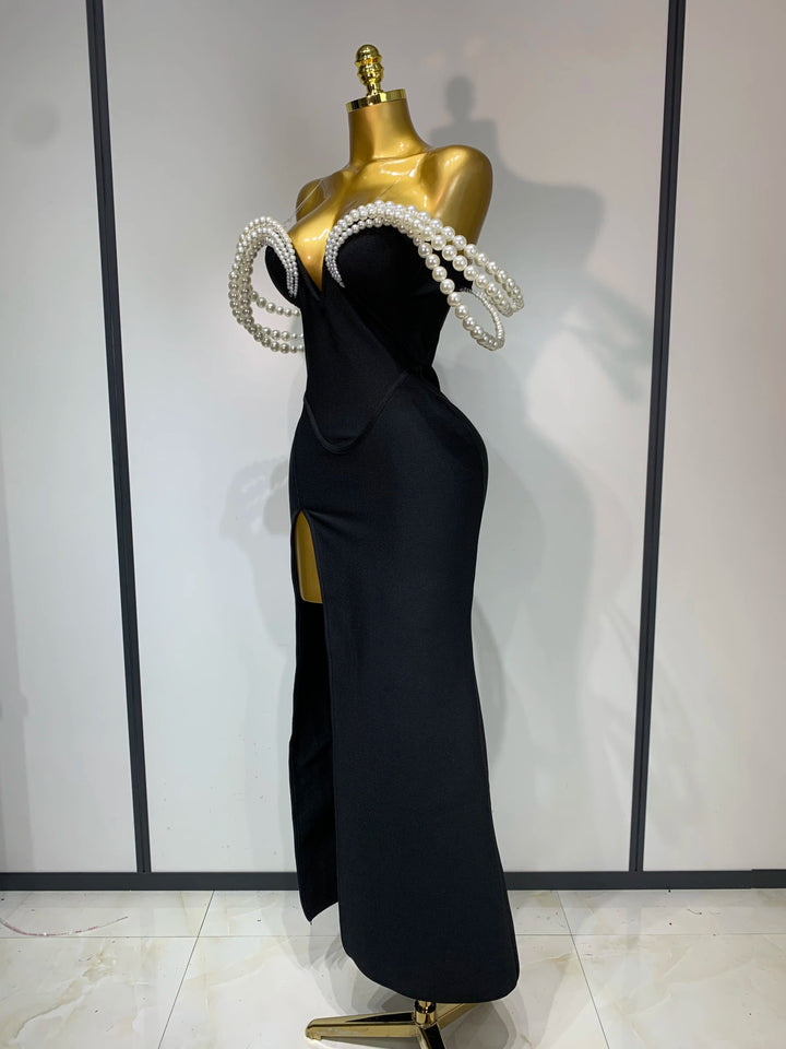 Women Pearls V Neck Maxi Bandage Dress Evening