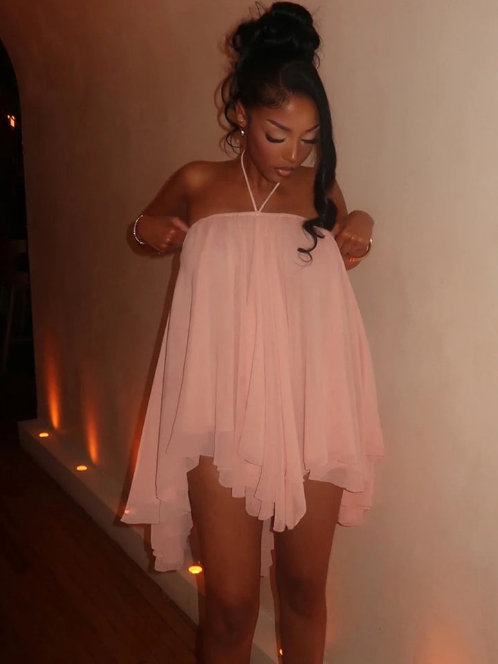 Weird Puss Halter Backless Tiered Dress Y2K Beach
