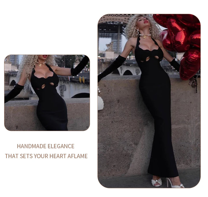 Vj Gachi Elegant Knit Halter Black Evening Gown