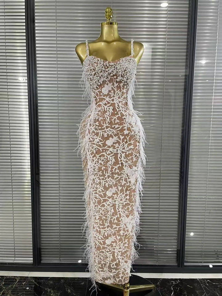 Elegant Beaded Feathers Sleeveless Bodycon Dress