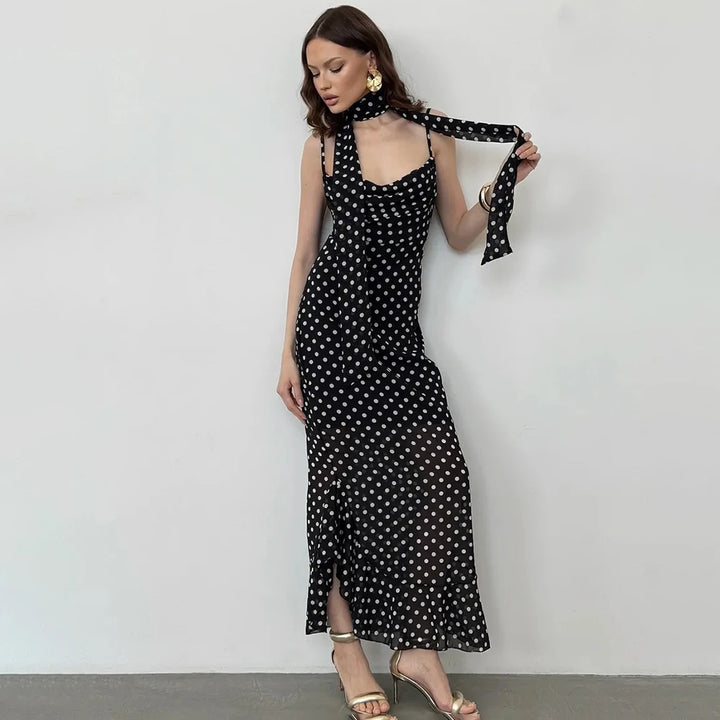 Tuularose Elegant Polka Dot Long Dress Summer Scarf Ribbon Ruffle Halter Pleated Dress Luxury Sleeveless Women&