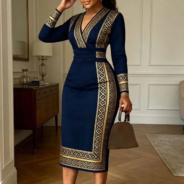 Navy Gold Geometric Bodycon Dress V-Neck Midi