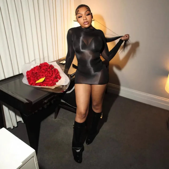 Oil Shiny See Through Bodycon Mini Dress