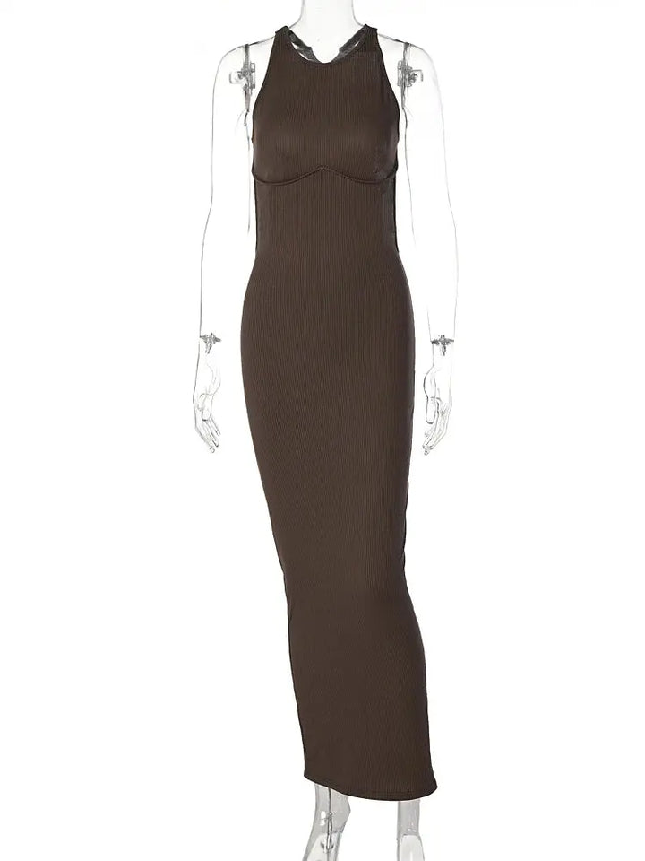 Hugcitar Ribbed Solid Hollow Out Backless Sleeveless Sexy Slit Mini Dress Bodycon 2025 Spring Women Outfits Elegant Party Y2K