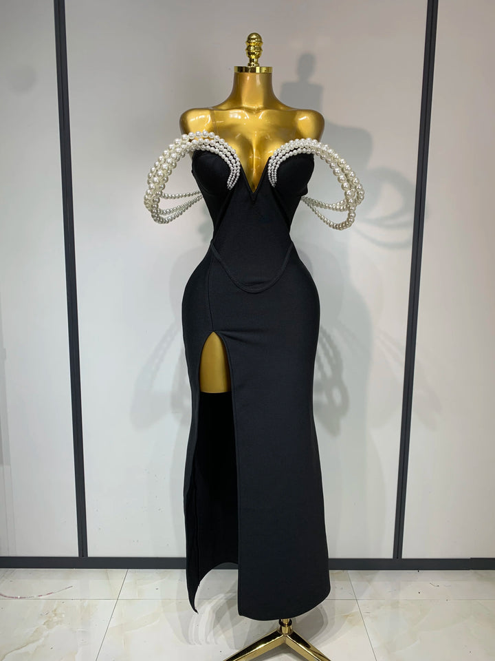 Women Pearls V Neck Maxi Bandage Dress Evening