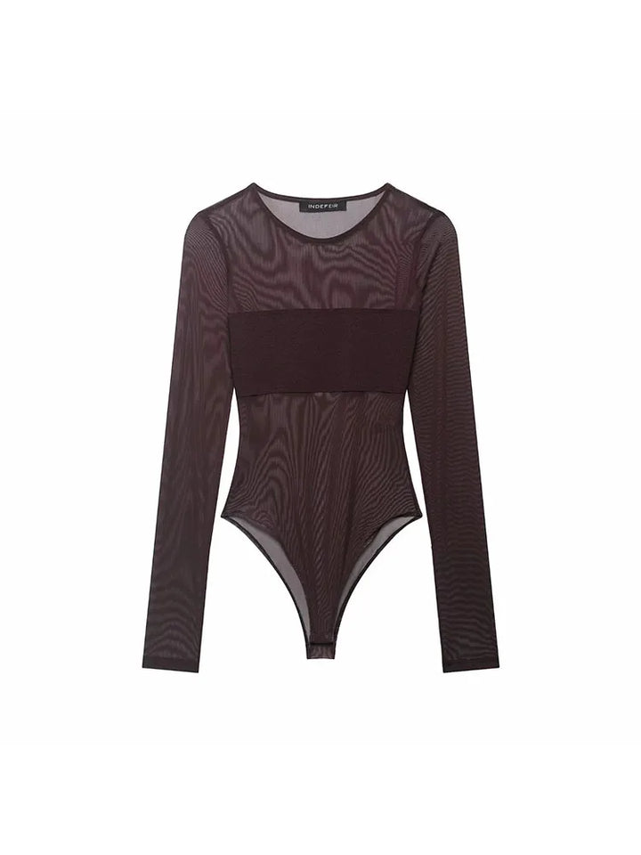 Sexy Mesh Bodysuit Women See Through Neck Jumpsuit