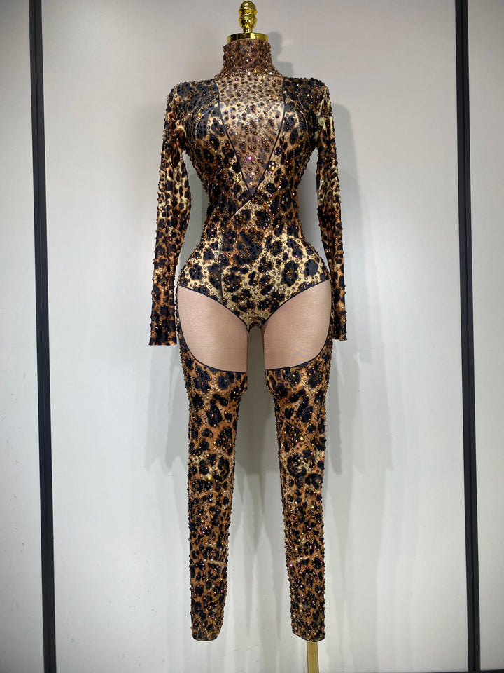 Leopard Print Bodycon Jumpsuit for Nightclub Stage
