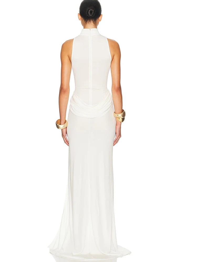 Elegant White Maxi Dress With High Slit And Turtleneck