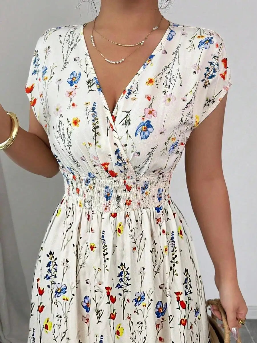 Charming Ditsy Floral V Neck Waisted Maxi Dress