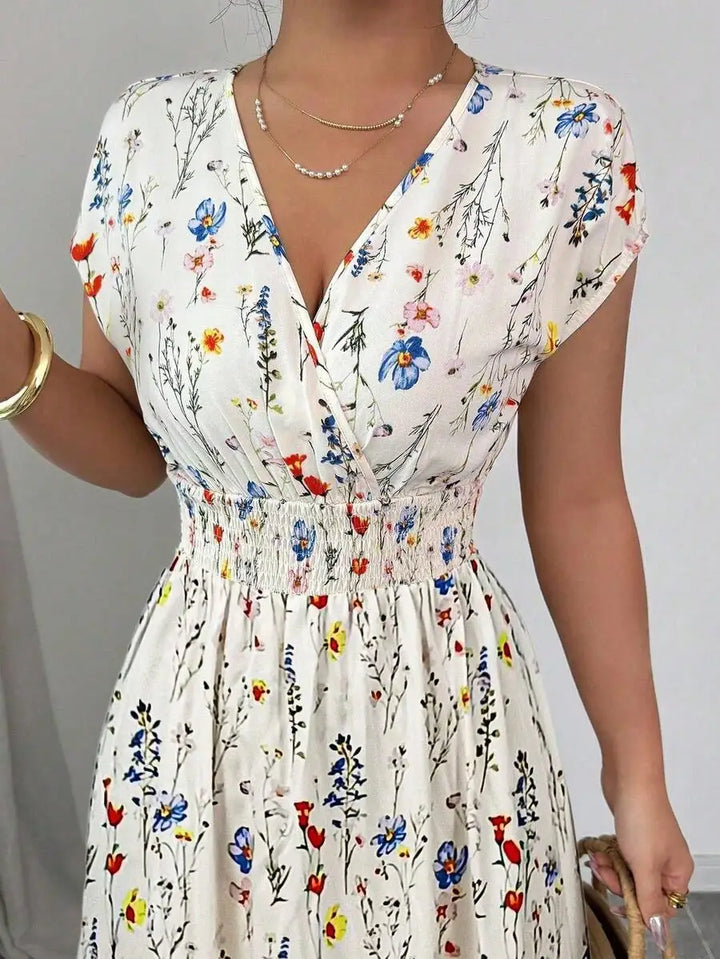 Charming Ditsy Floral V Neck Waisted Maxi Dress