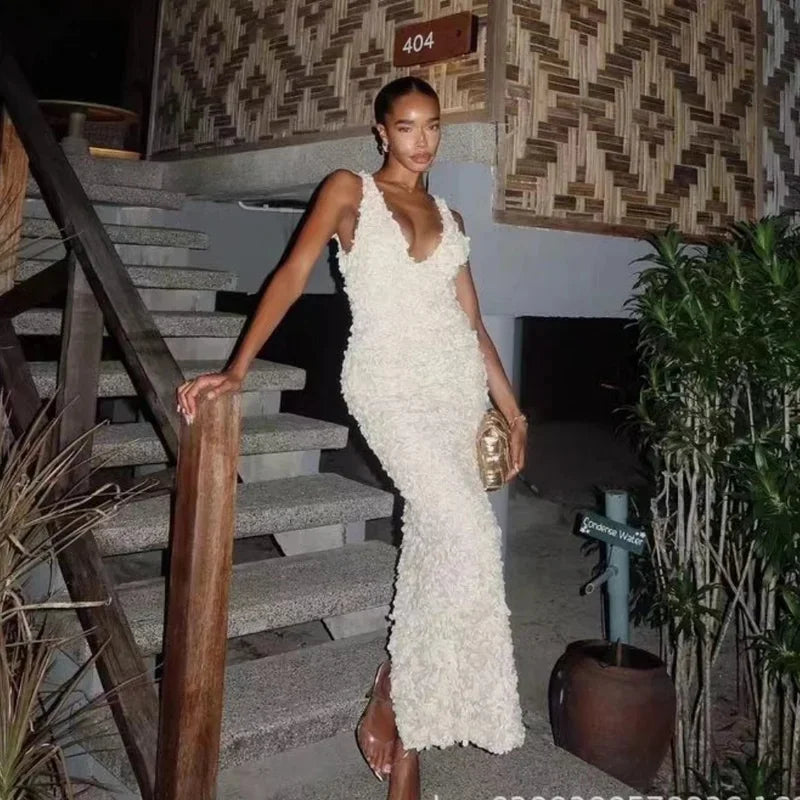 Luxury V Neck Flower Applique Bodycon Maxi Dress